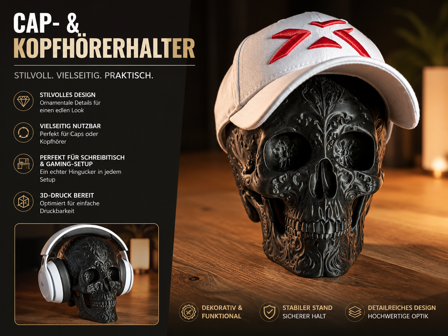 Ornate Floral Skull Caphalter / Kopfhörerhalter