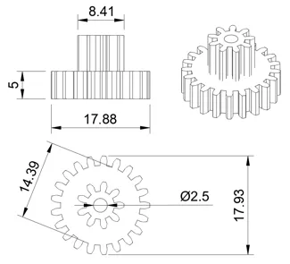 RC toy car double gear, 21x9 teeth, 18x8.5x2.5mm