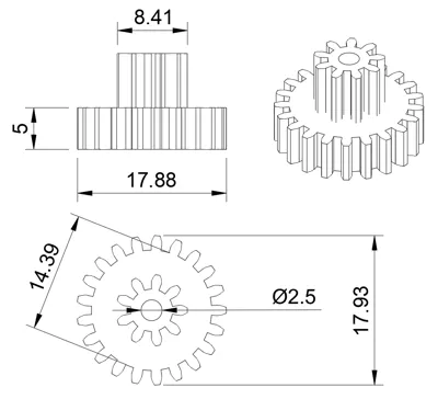 RC toy car double gear, 21x9 teeth, 18x8.5x2.5mm