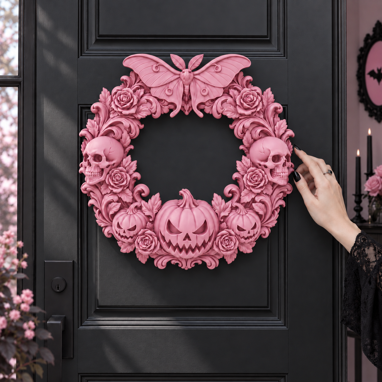 Pastel Goth Halloween Samhain Moth Pumpkin Wreath - 1