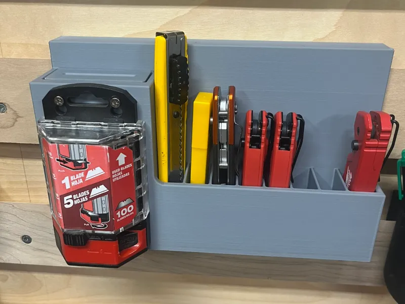 French cleat utility knife organizer with disposal
