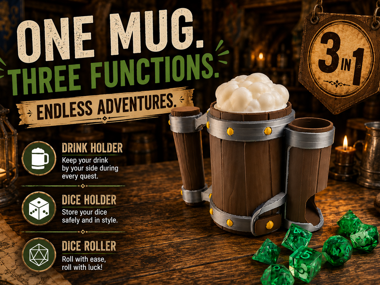 Drink Holder, Dice Holder & Dice Roller for DnD