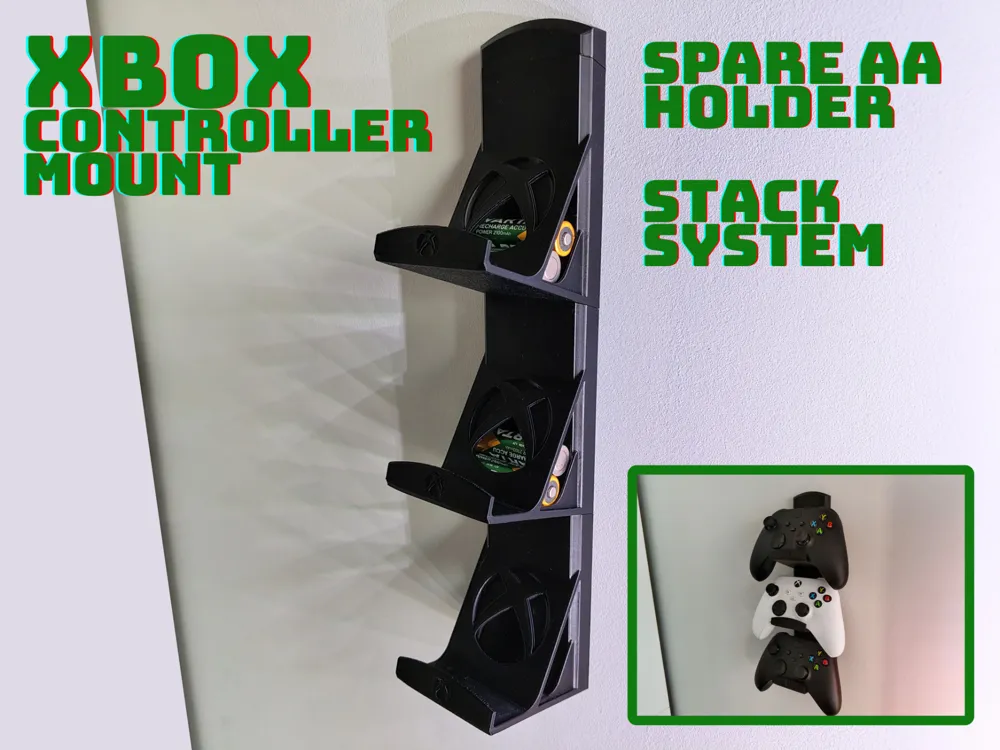 Xbox controller mount, stackable, spare AA holder by Tassesin MakerWorld