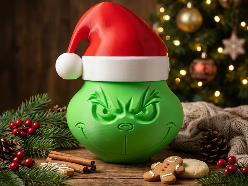 Grinch Cookie Jar w/ Santa Hat – Holiday 3D Prints