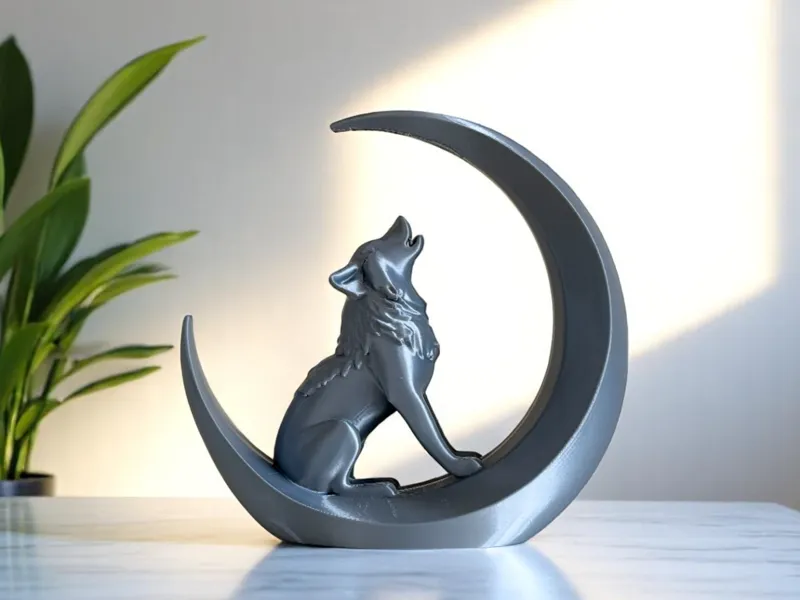 Howling Wolf and Moon Sculpture