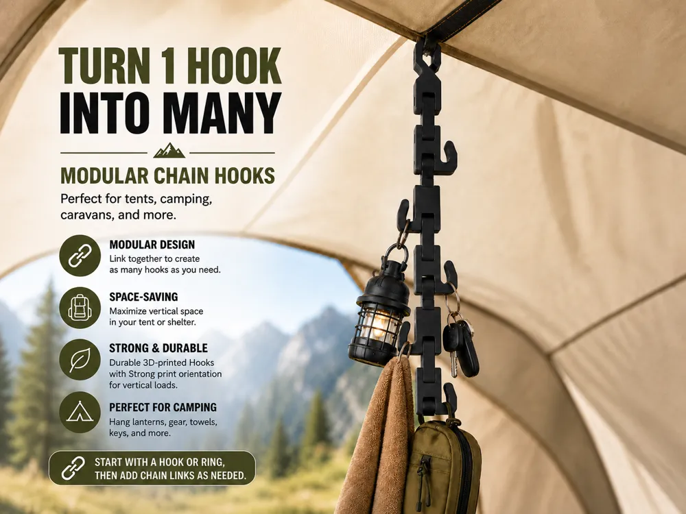 Letrero o emblema decorativo: Camping Chain Hooks – Turn 1 Hook Into Many. Referencia del modelo original.
