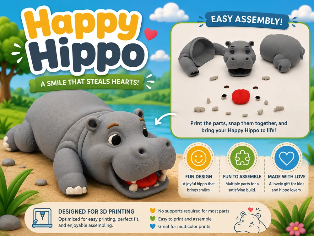 Accesorio para impresora 3D: Happy Hippo (multipart, no AMS). Referencia del modelo original.