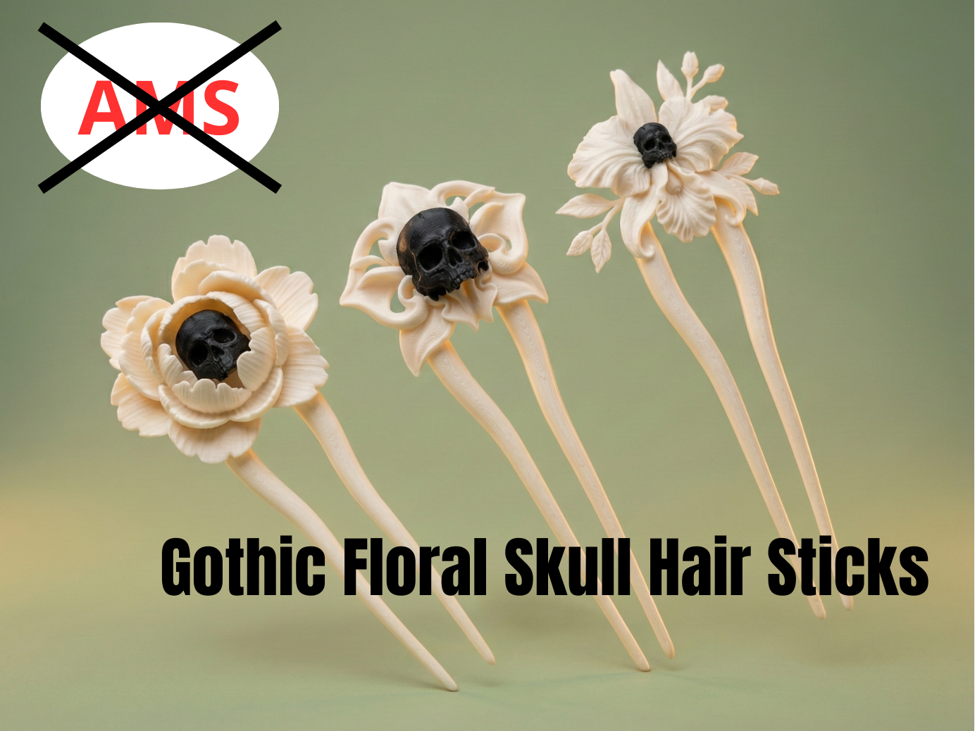 Gothic Floral Skull Hair Sticks