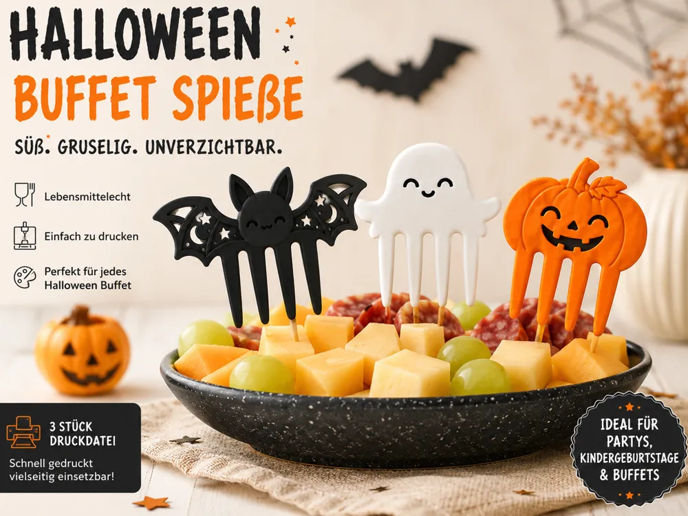 Adorno temático: Halloween Buffet Spieße Fledermaus, Geist & Kürbis. Referencia del modelo original.