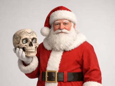 Santa Claus with skull in hand