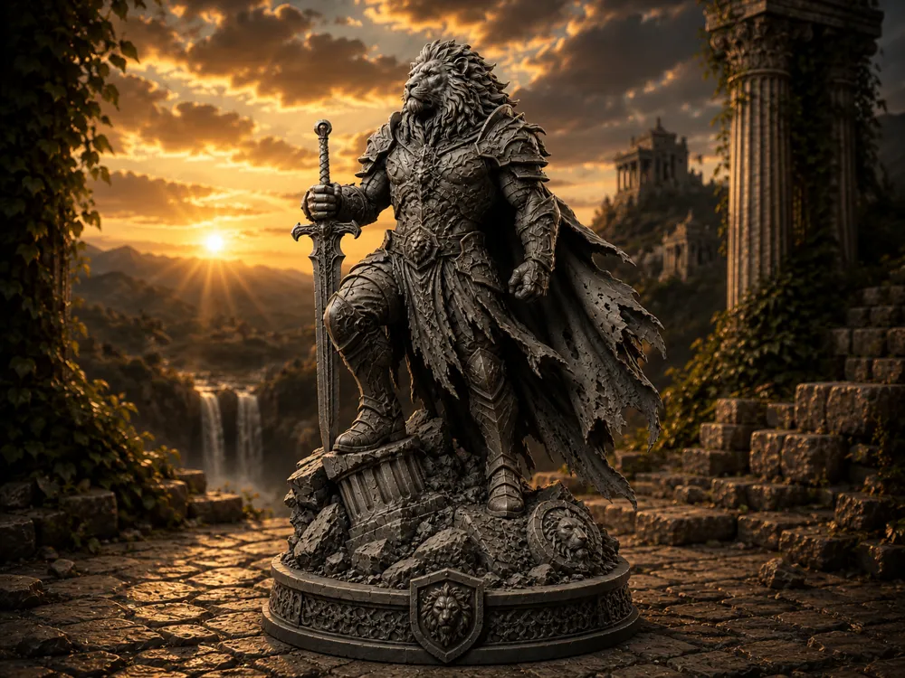 Figura decorativa: Lion Warrior – Guardian of the Fallen Kingdom. Referencia del modelo original.