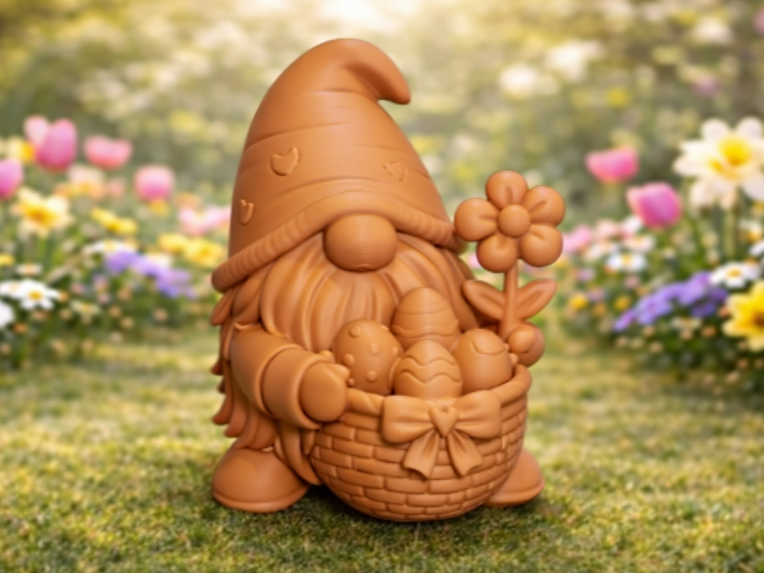 Cute Gnome Carrying Easter Basket of Eggs & Flower