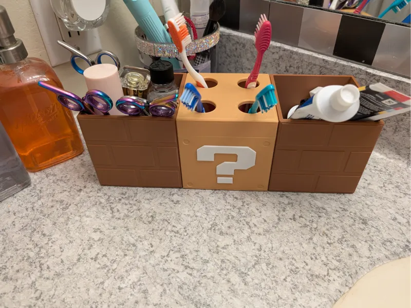 Mario block toothbrush holder and bathroom caddy