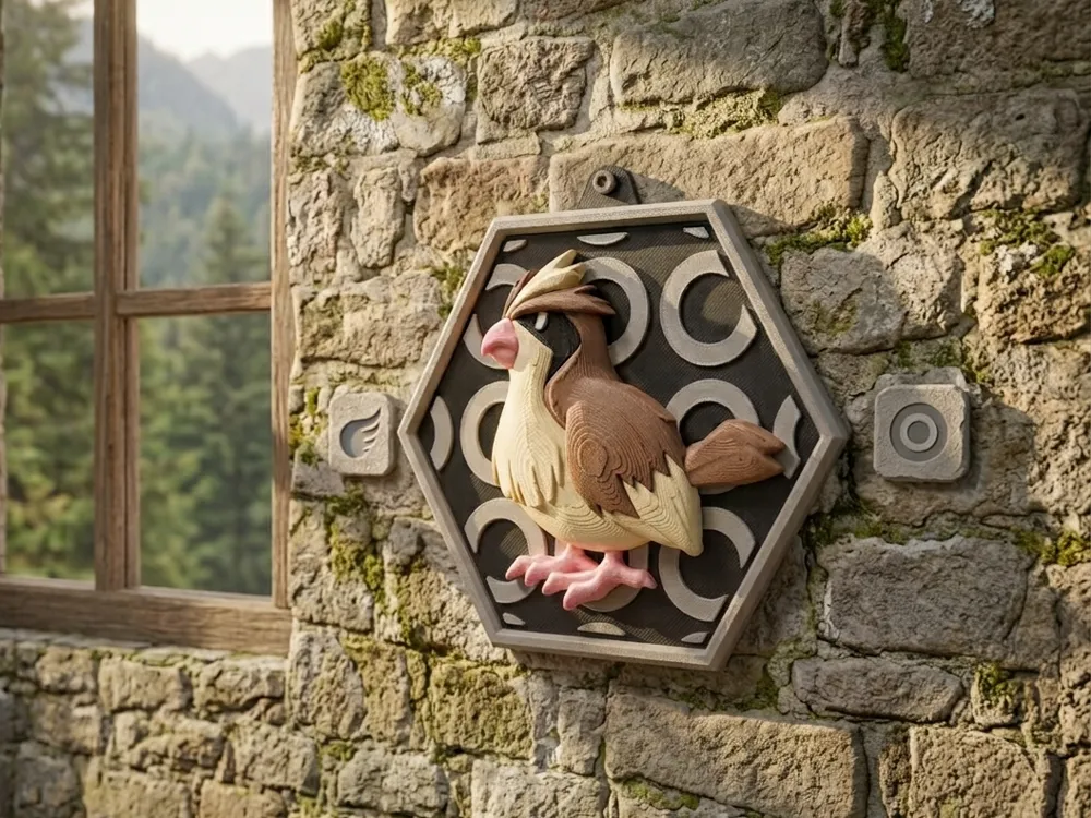 Letrero o emblema decorativo: HexaDex-Pidgey Pokemon. Referencia del modelo original.