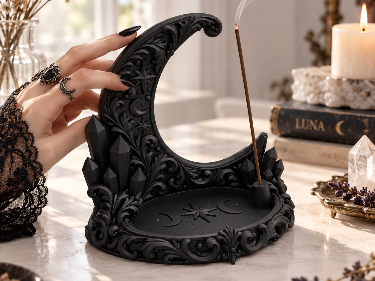 Goth Crescent Moon Crystal Incense Holder Tray - 1