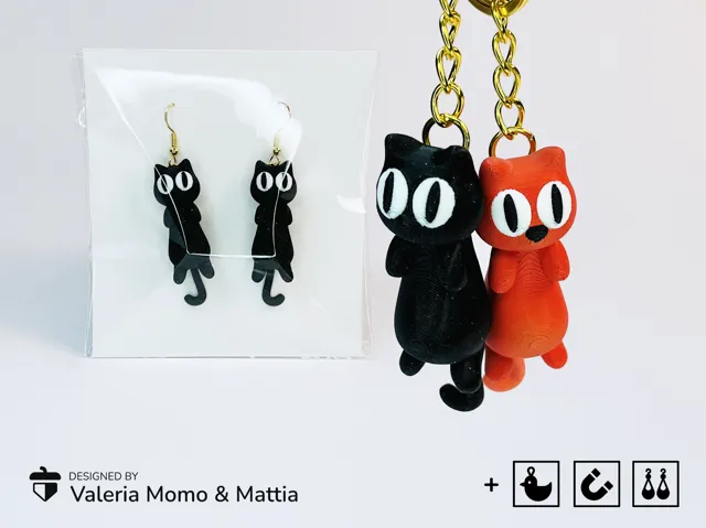 Cute Flexi Cat w tail Keychain, Earring & Magn