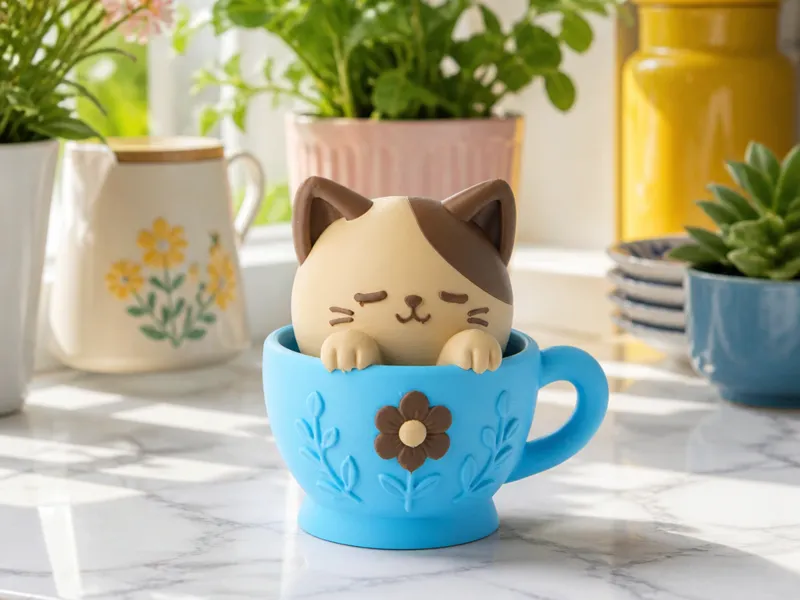 Sleepy Cat in Cup Figurine - Cozy Animal Sculpture