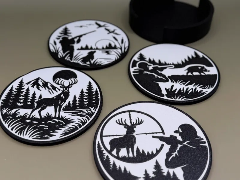 Hunting Coasters Set (100 mm) + Holder