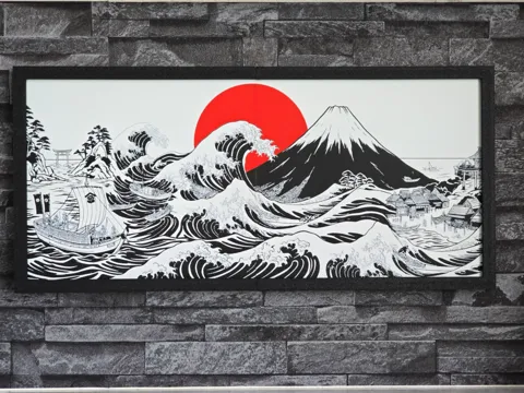 Cuadro decorativo en 3D: Hueforge Panoramic Kanagawa — referencia de MakerWorld