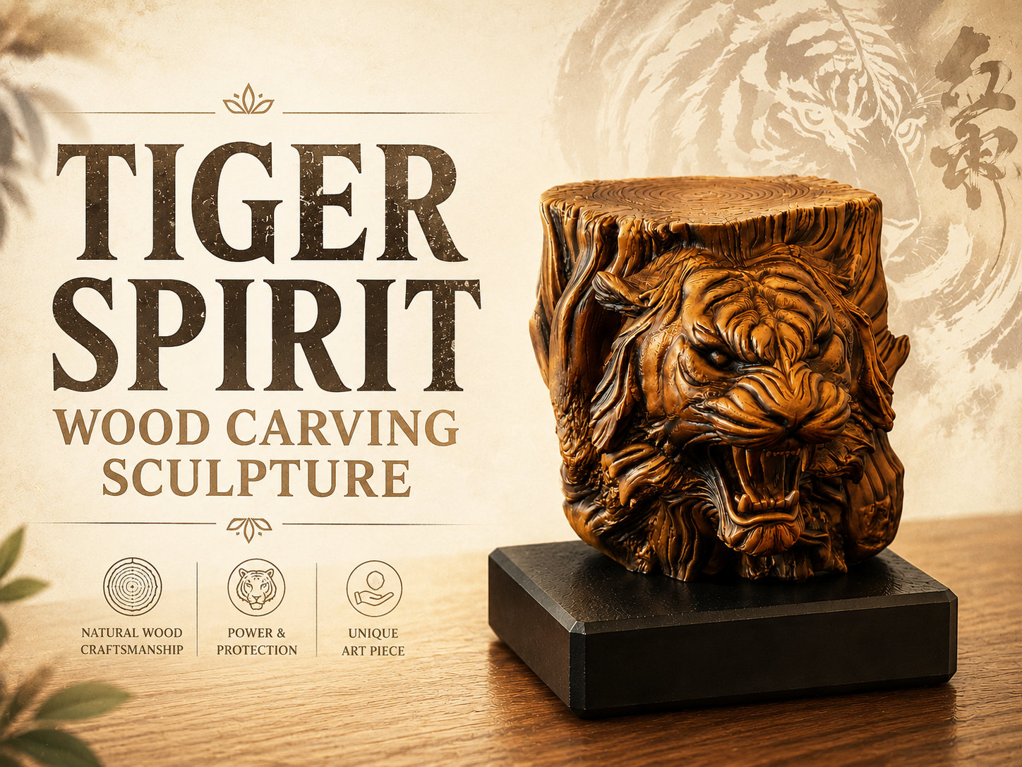 Tiger Spirit Wood Carving Sculpture 