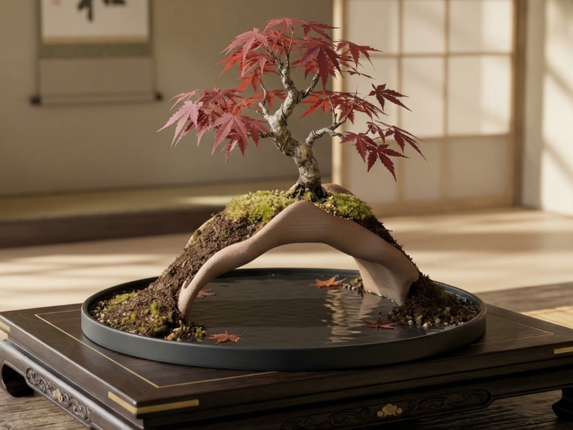 Bonsai Landschaftsbogen mit Untersetzer Seki-joju
