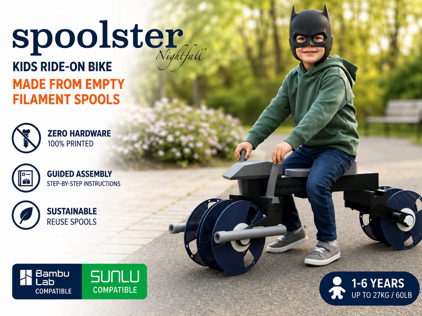 Spoolster Nightfall Ride-On Batpod — Reuse Spools