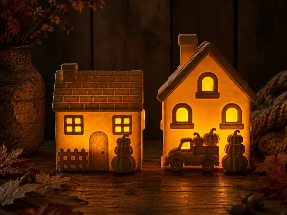 Accesorio de iluminación decorativa: Cozy Village Light – Set of Two House Lanterns. Referencia del modelo original.