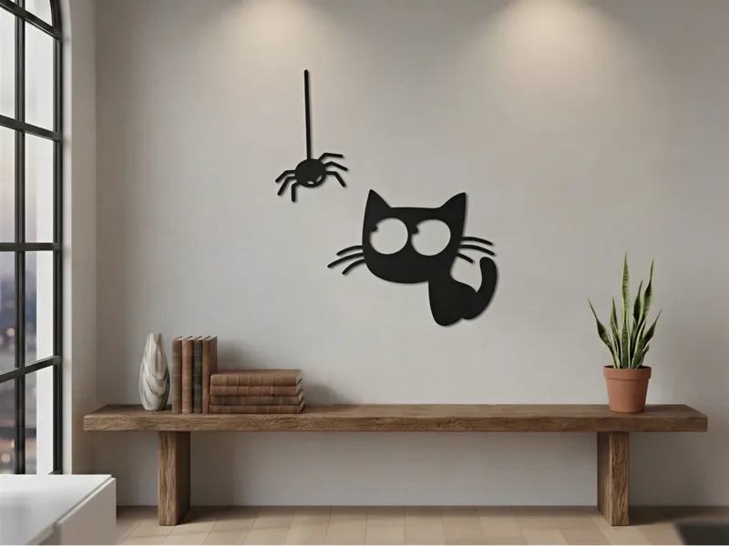 Cat with spider wall decoration