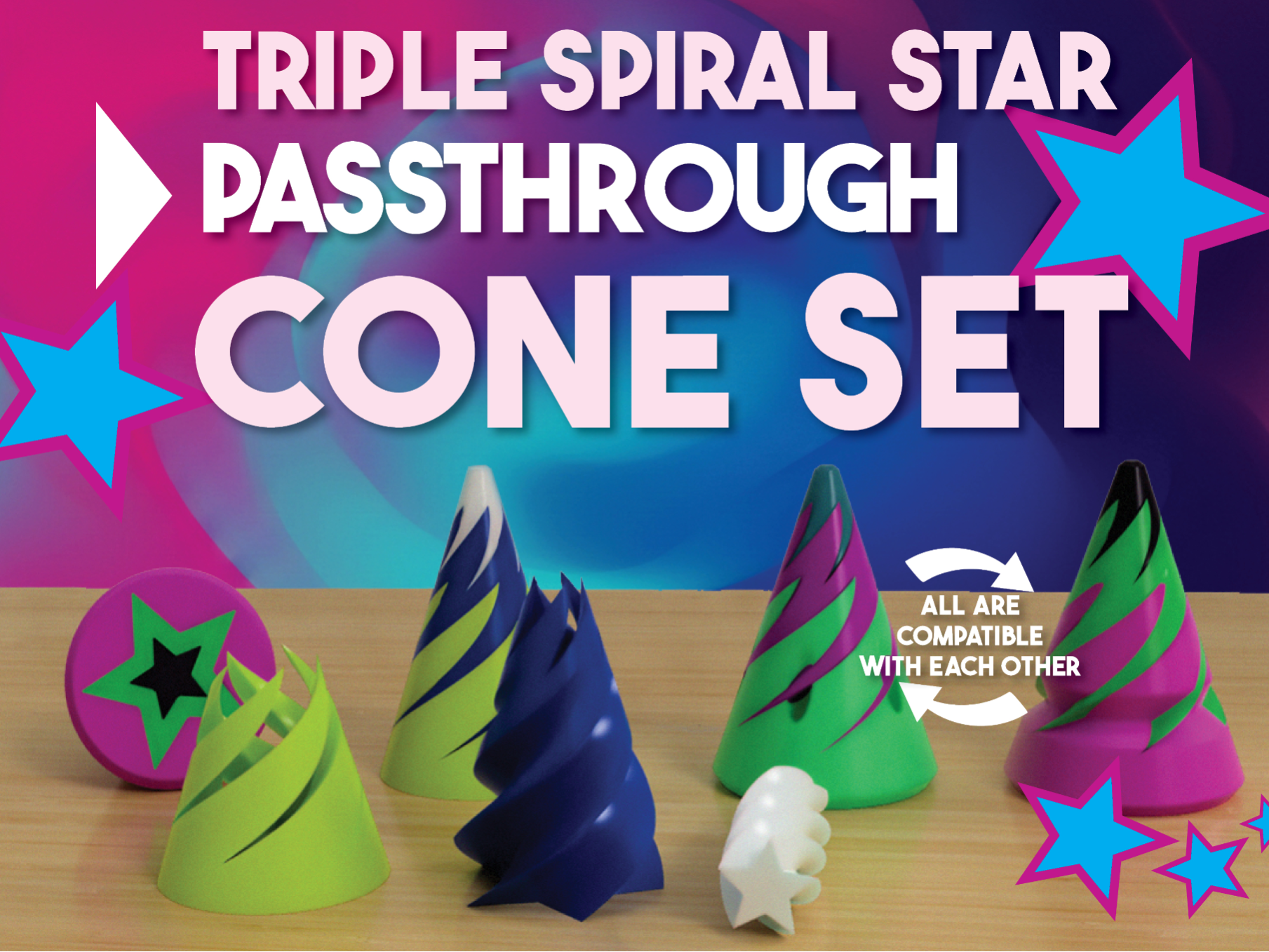 Triple Spiral STAR PASSTHROUGH FIDGET – Cone SET