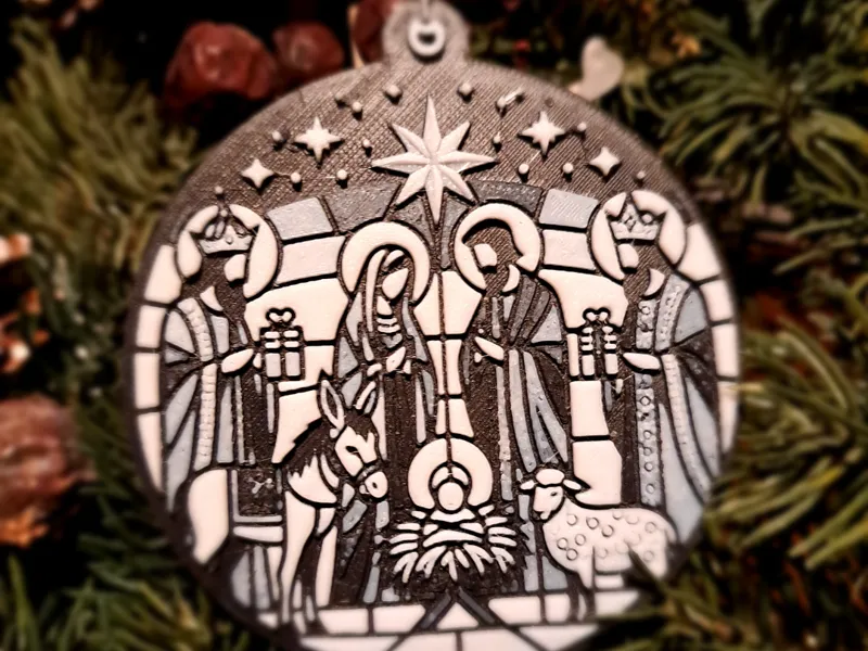 Christmas Tree Ornament Nativity Scene B/W