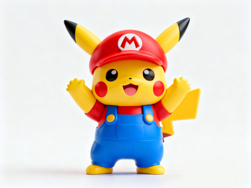 Pikachu in Mario Overalls - Paint on White 