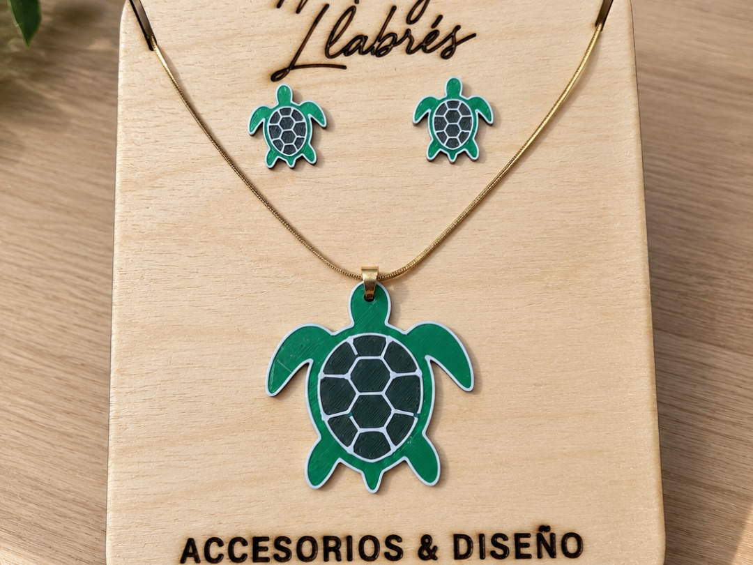 Conjunto pendientes de botón y colgante - Tortuga 