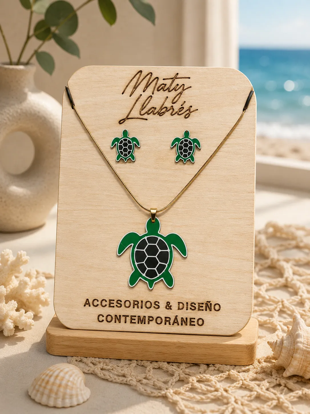 Conjunto pendientes de botón y colgante - Tortuga view 2
