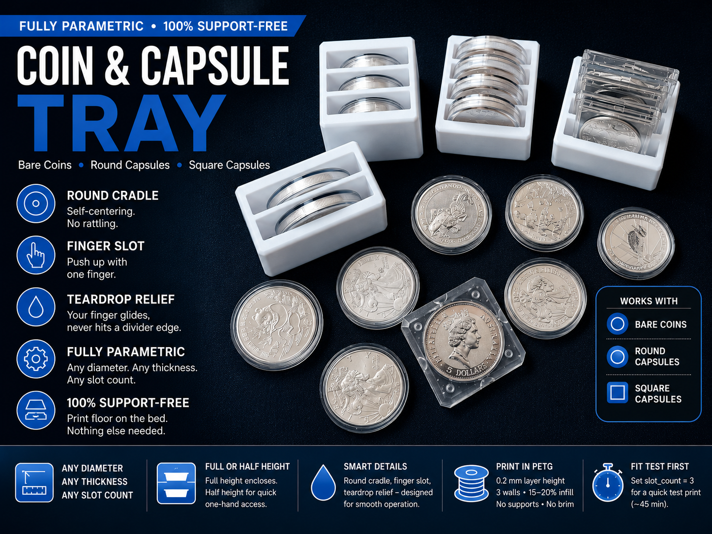Parametric Coin & Capsule Tray Generator