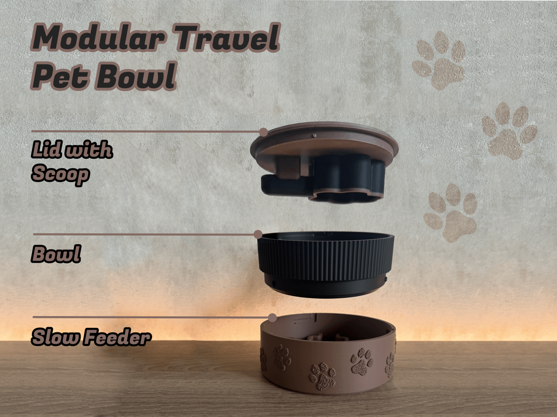 Modular Travel Pet Bowl with Slow Feeder and Scoop