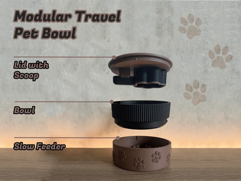 Modular Travel Pet Bowl with Slow Feeder and Scoop