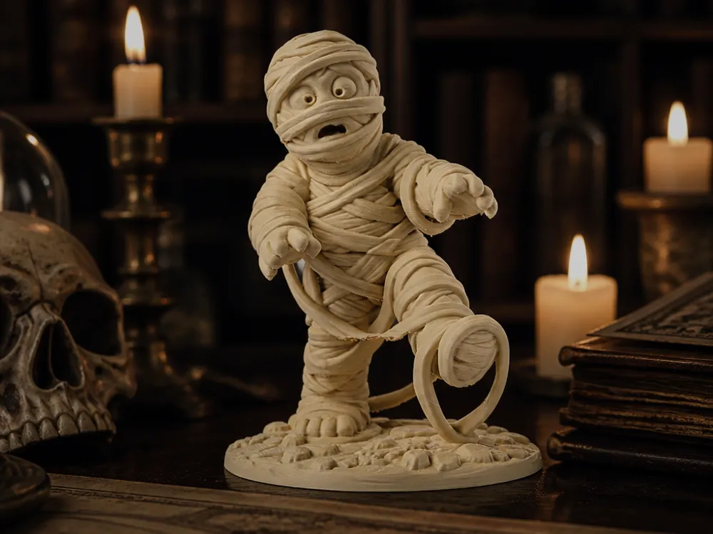 Figura decorativa: Runaway Mummy Figurine - Whimsical Halloween Art. Referencia del modelo original.