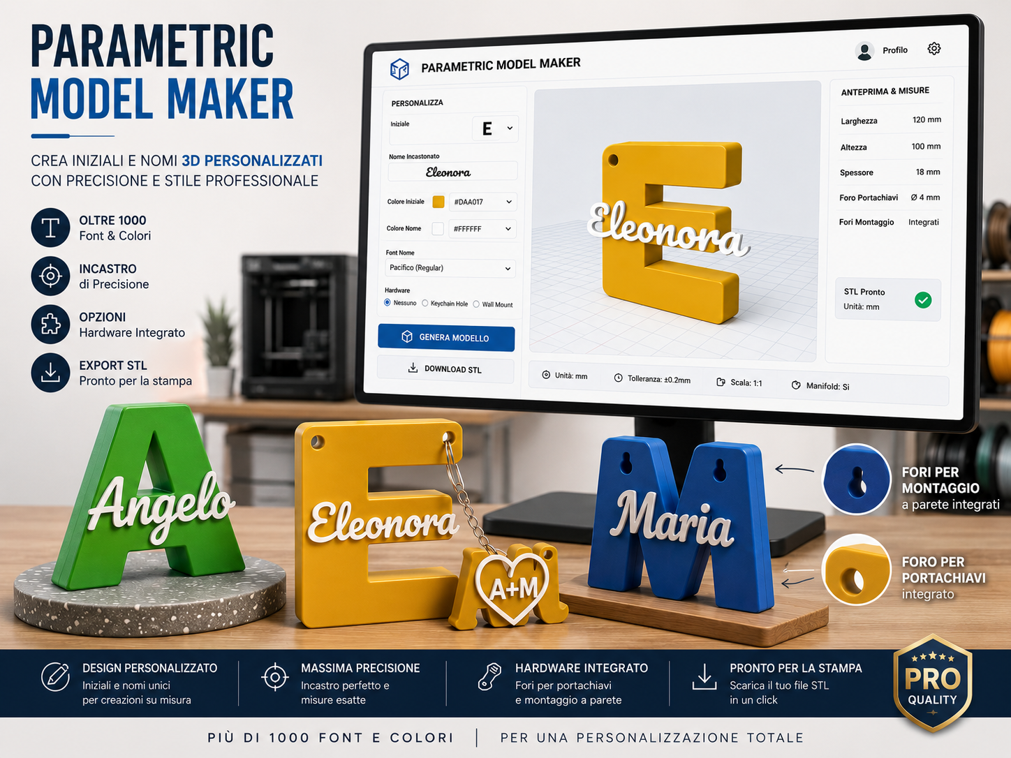 Generatore di Iniziali+Nomi+Cuore Parametrico 3D