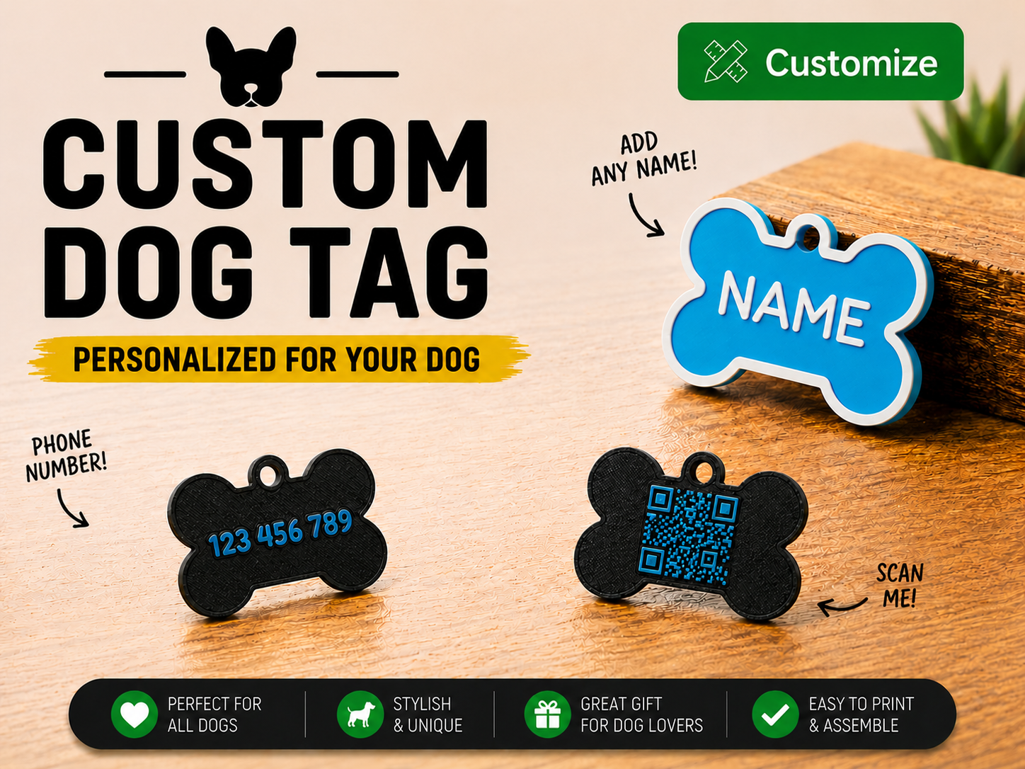Bone-Shape Custom Dog Tag with QR or Phone Number