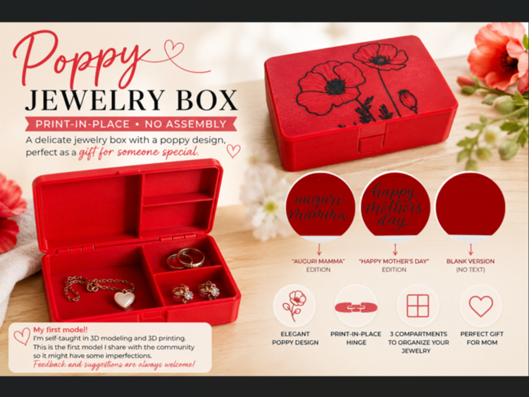 Poppy Jewelry Box – Print-in-Place Hinge Organizer