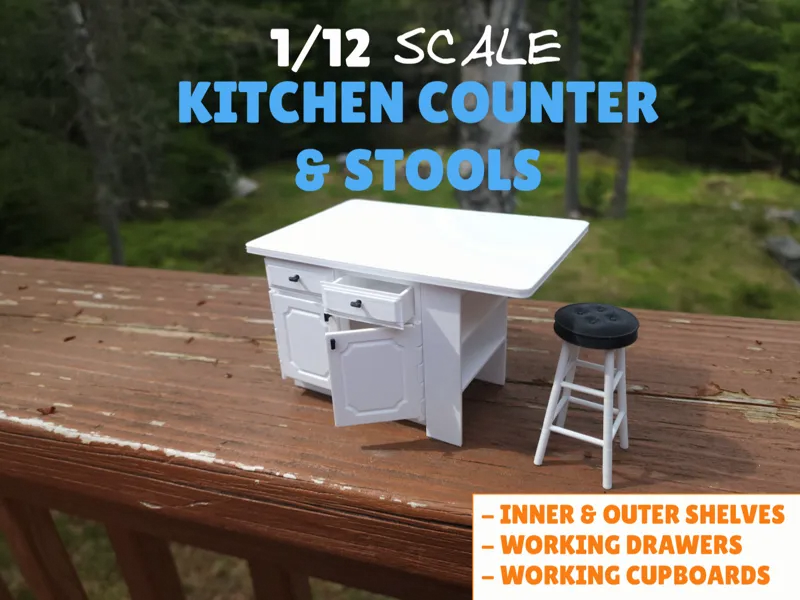 Mini Counter And Stools - 1/12 Scale