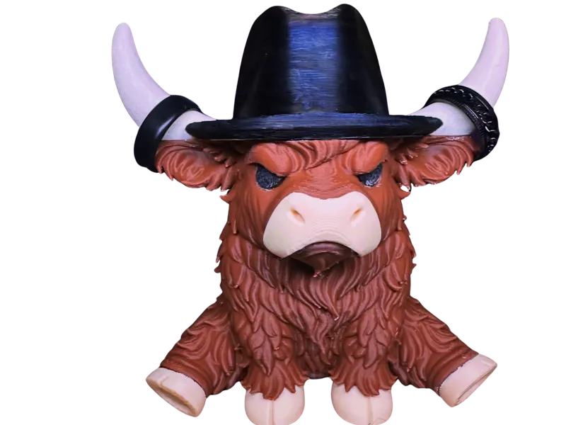 Angry highland cow with cowboy hat