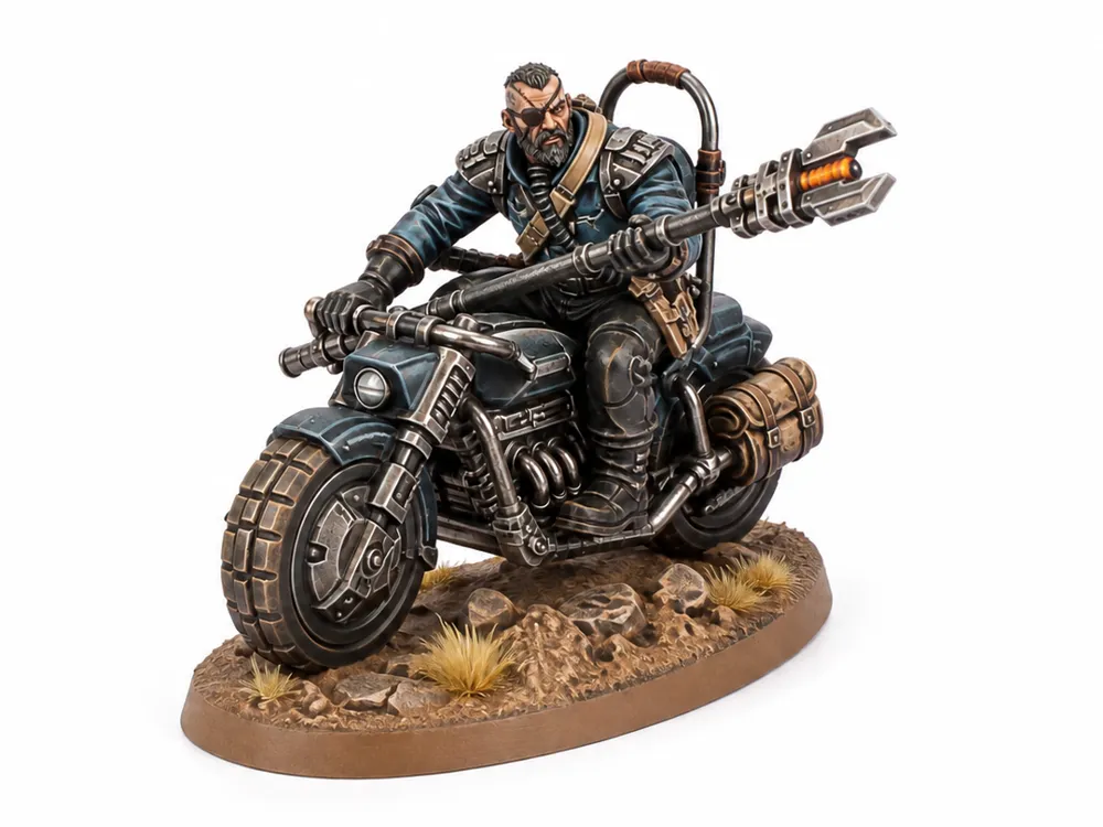 Escenografía en miniatura: Grimdark Wasteland Soldiers Biker. Referencia del modelo original.
