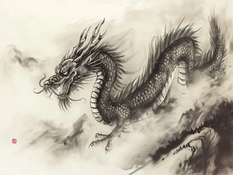 水墨畫 - Chinese Dragon Traditional Ink Wash Painting - Hueforge - 40cm x 30cm