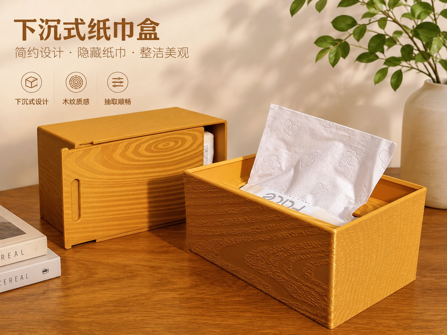 下沉式纸巾盒 - 木纹效果