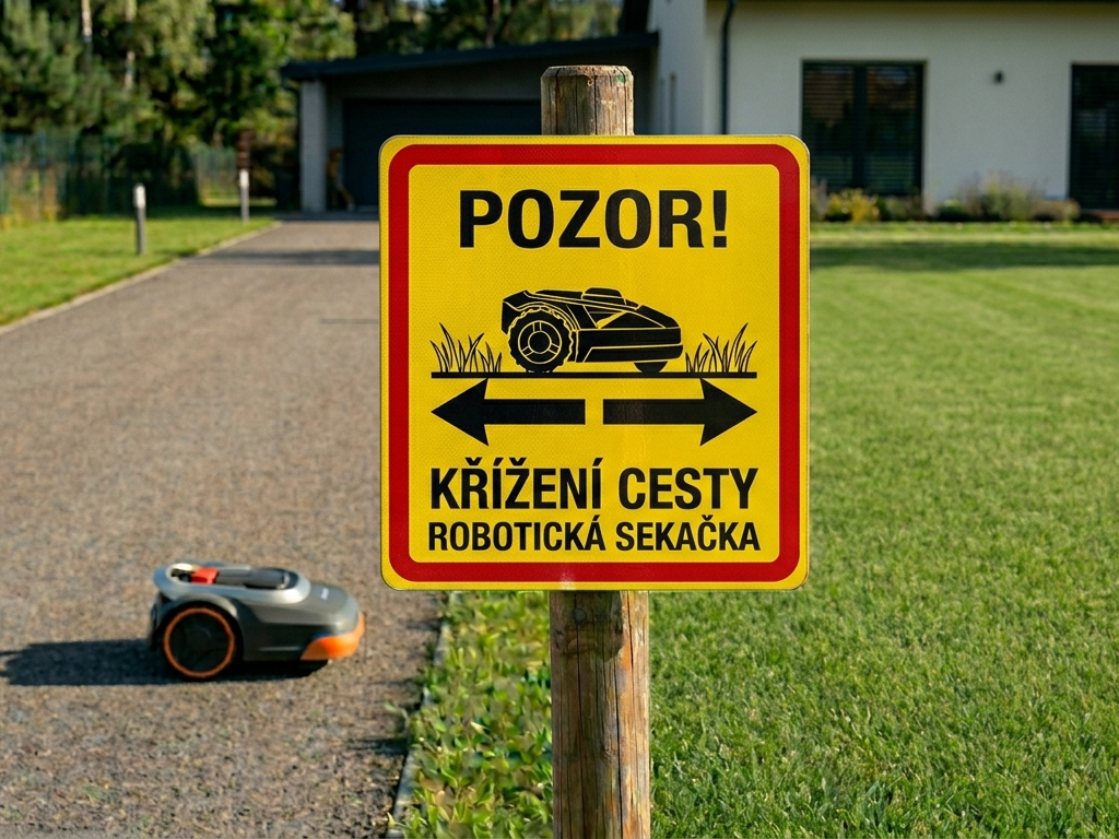 Warning Sign: Robotic Lawn Mower Crossing