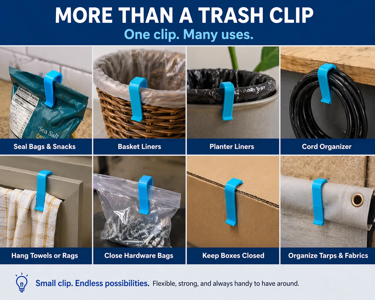 Flexible Trash Bag Clip, Secure, Simple, Versatile view 2