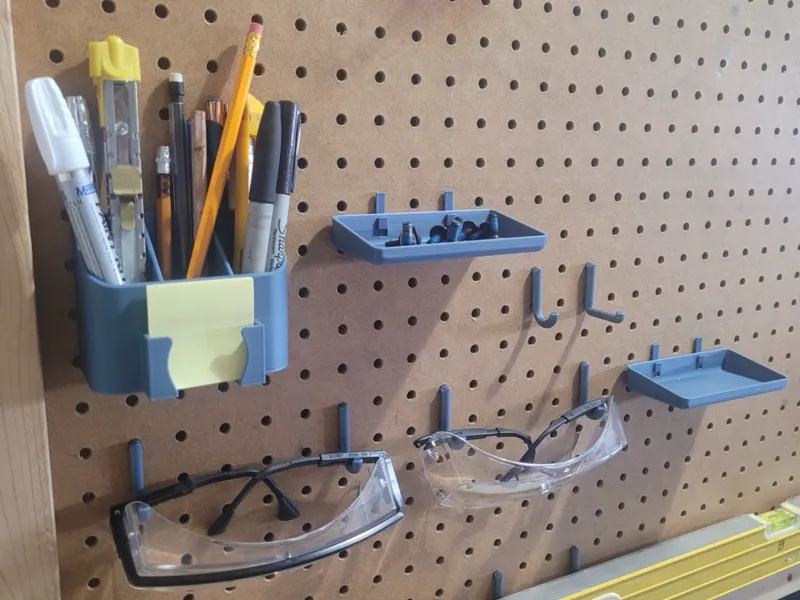Peg Board Accessories. Pen Holder, Tray, and Hooks