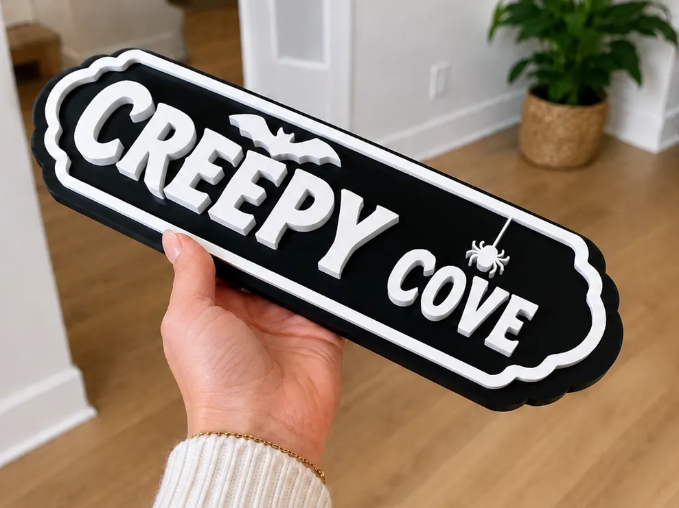 Letrero o emblema decorativo: Creepy Cove Street Sign Cute Halloween Decor. Referencia del modelo original.