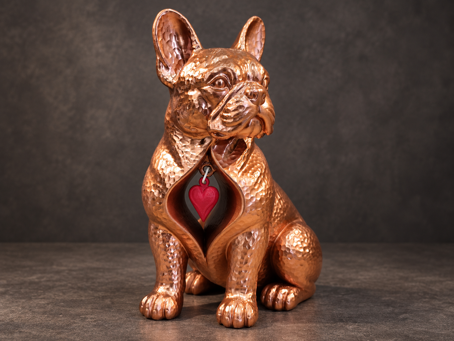 Hammered Metal French Bulldog with Hanging Heart - 1